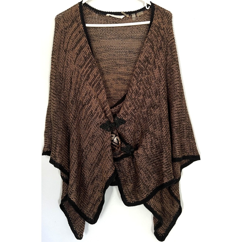 Soft Surroundings Poncho Womens One Size Brown Black Knit Ruana Frog Closure
